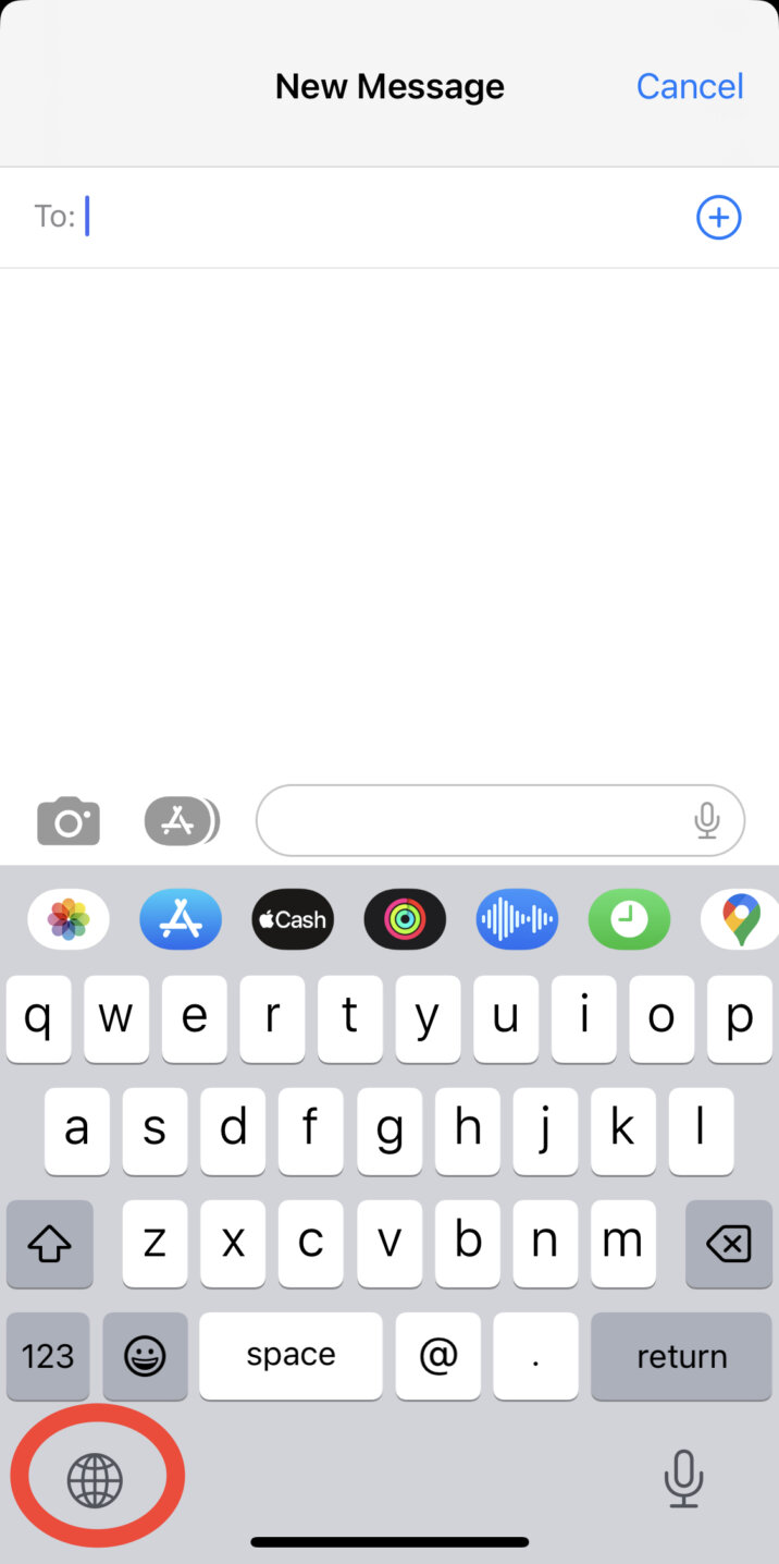 iPhone Keyboard in Messages App. Create new iMessage. Globe icon.