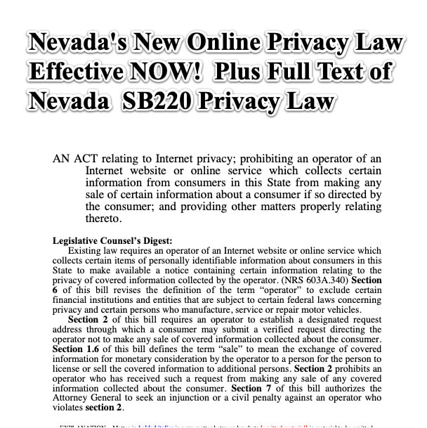 Nevada New Online Privacy Law Effective NOW Also Full Text of Nevada SB220 Privacy Law