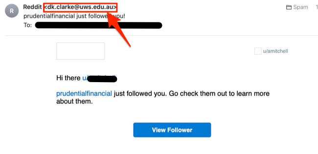 New Reddit "just followed you" Phishing Scam from address