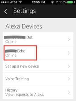 select echo device in alexa app