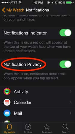 apple watch notification privacy setting