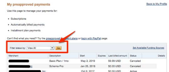 cancel paypal recurring payments status