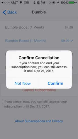 confirm cancellation of bumble boost