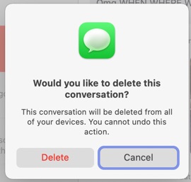 confirmation message for deleting message in imessage apple mac