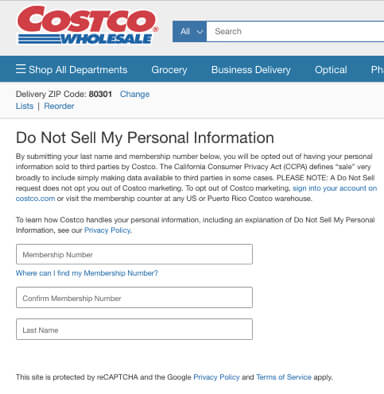 costco do not sell my personal information