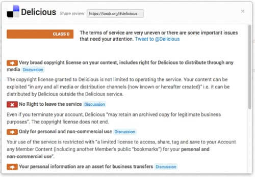 delicious terms of service on tos dr