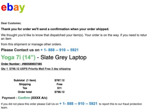eBay Order Phishing Scam with eBay Phishing Email Example