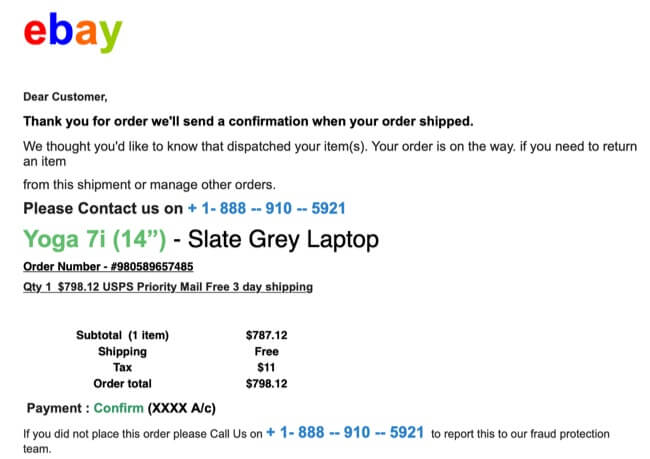 eBay Order Phishing Scam with eBay Phishing Email Example