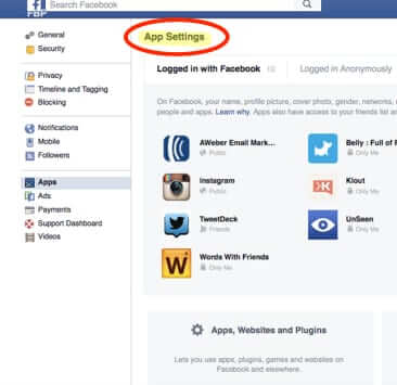 facebook apps settings page