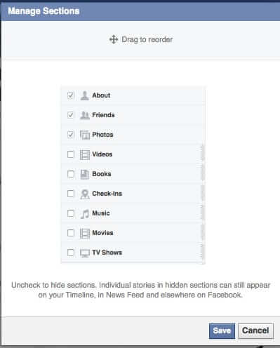 facebook manage section selections