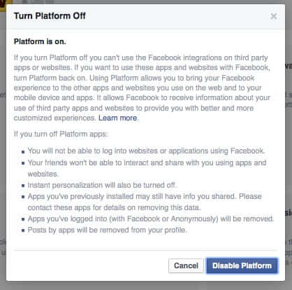 facebook platform is on disable it