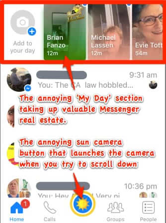 get rid of facebook messenger day and sun camera button