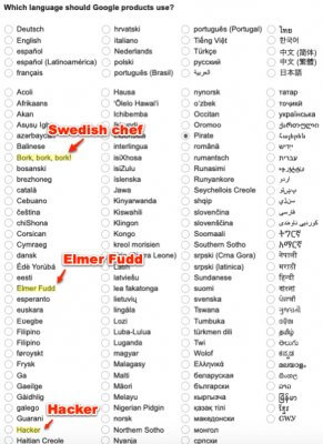 google languages swedish chef elmer fudd hacker