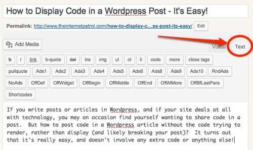 how to embed code in wordpress post editor text