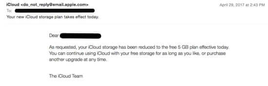 icloud storage downgrade success