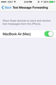 iphone text message forwarding switched on