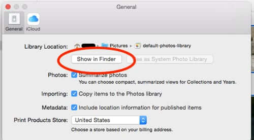 mac photos library location show in finder button