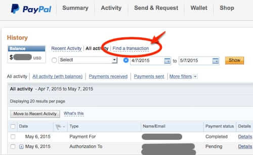 paypal history find transaction