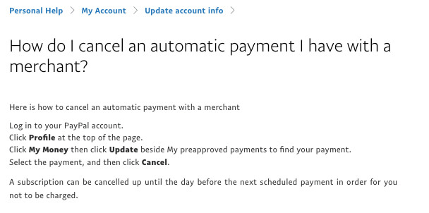 paypal how to cancel an automatic payment I have with a merchant