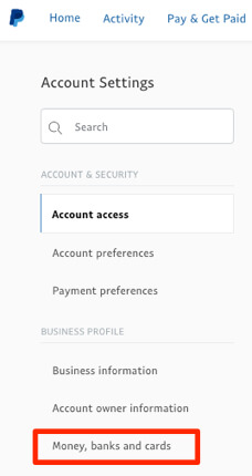 paypal money banks cards settings