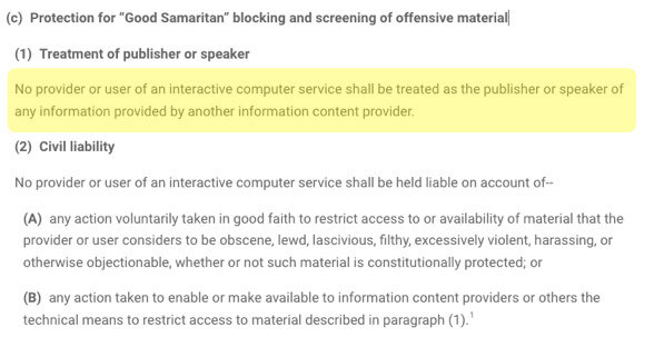 section 230 no provider shall be liable for the words of another user of the service