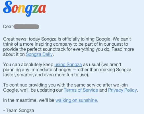 songza email about google acquisition