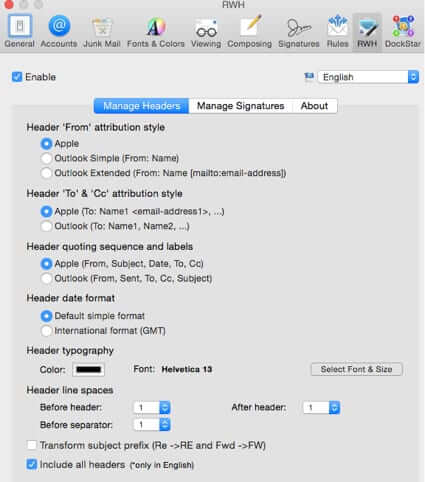 the Mac reply with header preferences pane