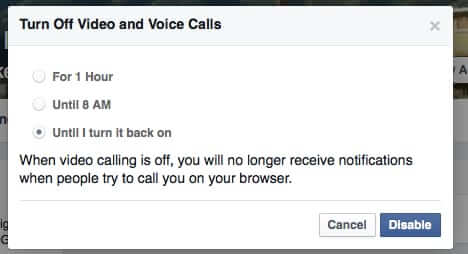turn off incoming facebook calls on desktop browser web intereface 3