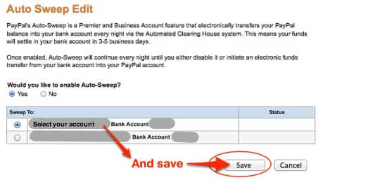 turn on paypal autosweep