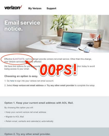 verizon closing email down