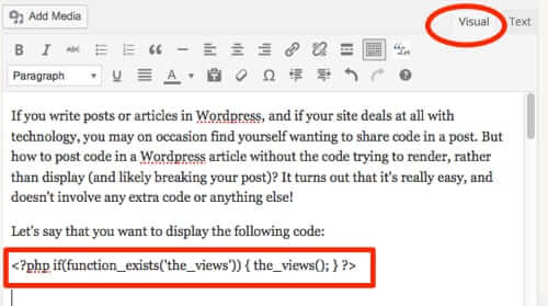 wordpress code in visual editor